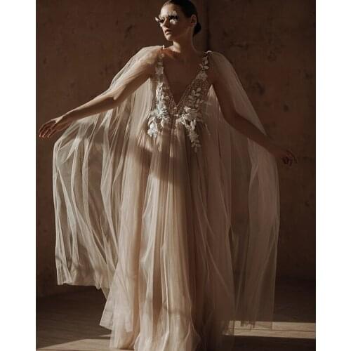 Sexy Maternity Dresses for Photoshoot Kimono Sequins A Line Evening Gown Appliques Puffy Tulle Deep V Neck Cloak Maternity Dress