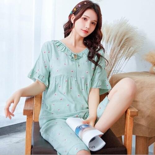 Large size pajamas for women short sleeve 3/4 pant sleepwear set floral print girls pijama suit new home wear pyjama femme