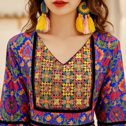 Hippie Chic Contrast Print Embroidered Dress V-Neck Long Sleeve Bohemian Ethnic Holiday Dresses Long Vestidos 2021 Fall