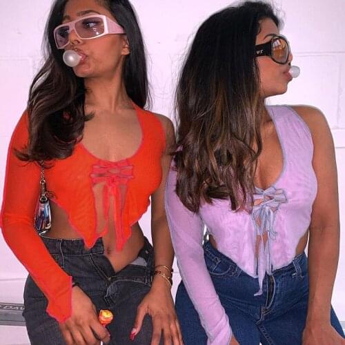 Casaul Women Shirt Bandage One Shoulder Full Sleeve Solid Color Sheer Mesh Crop Top For Women Outfit