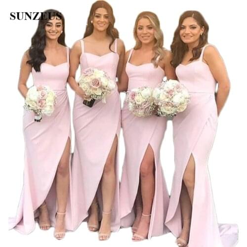 Pink Satin Simple Bridesmaid Dresses Long Sheath Sweetheart Spaghetti Straps Maid of Honor Dresses Leg Slit Wedding Party Gowns