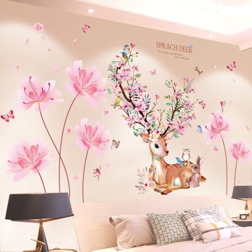 [shijuekongjian] Deer Rabbit Animal Wall Stickers DIY Flowers Plant Wall Decals for House Kids Rooms Baby Bedroom Decoration