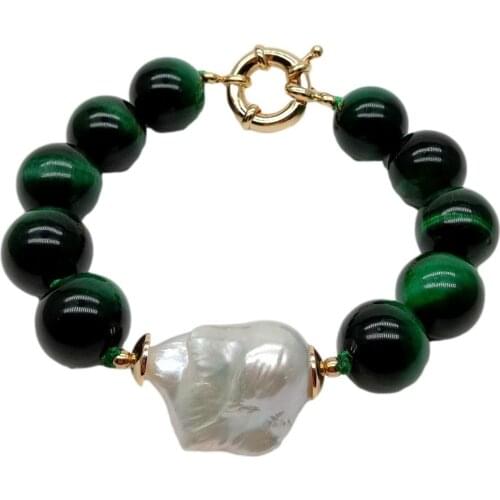Y·YING 14mm Round Green Tiger Eye Cultured White Keshi Pearl strand Bracelet 8"
