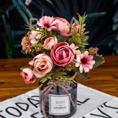 YO CHO Artificial Flower Mini Bouquet Silk Rose Daisy Flower DIY Flower Arrangement Home Party Garden Wedding Table Decorations