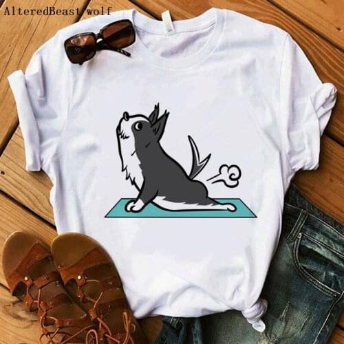 Border Collie yoga pose funny T-Shirt women cartoon cute print short sleeve clothes female harajuku aesthetics vogue Tops shirt