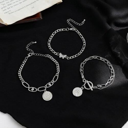 Fashion Vintage Metal Geometric Circular Figure Link Chain Pendant Punk Butterfly Lucky Charm Bracelets for Women Bohemia