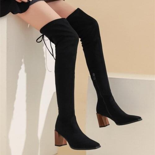 2020 Autumn Winter Flock Pu Women Shoes Square Toe Over The Knee High Boots Thin High Heel Zipper Stretch Long Boots Size 34-43