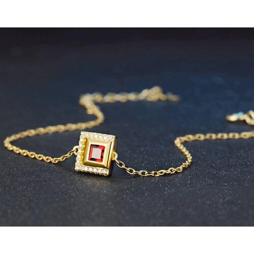 LAMOON 4mm Square Red Garnet S925 Bracelets & Bangles 925 Sterling Silver Fine Jewelry Light Yellow Gold Color For Women LMHI050