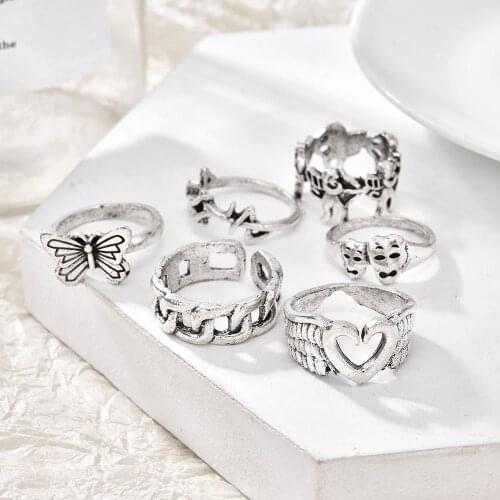 Vintage Butterfly Skull Silver Plated Angel Wings Ring Set for Womens Gothic Punk Steampunk Heart Ring Sets Party Jewelry 2021