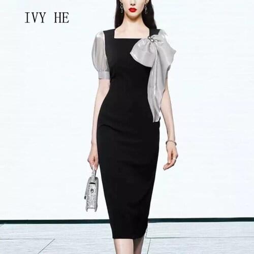 IVY HE Summer Womens Dress 2021 New Pattern French Retro Contrast Stitching Bubble Sleeve Chic Tie Bow Slim Niche Dresses