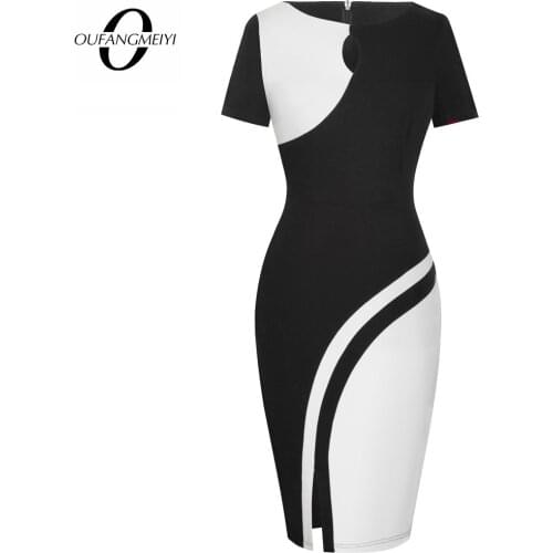 Women Sexy Hollow O Neck Side Split Patchwork Slim Vintage Business Bodycon Dress EB571