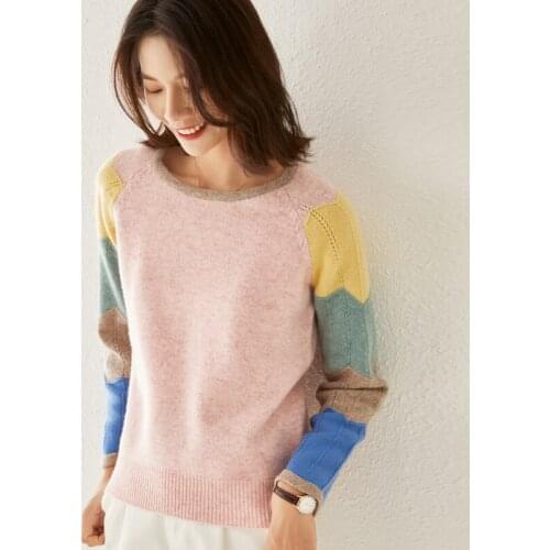 Winter round neck cashmere sweater women thick 100% pure wool color-block pullover large size short base shirt loose and warm