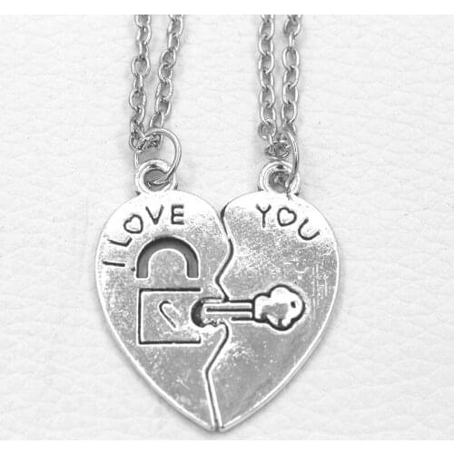 1 pair Fashion Lock Key Words "I Love You"&"Best Friends" Silver Plated Necklace & Pendant for Lovers Friends