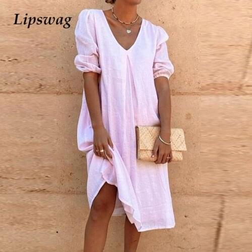 2021 Women Elegant Solid Color Puff Sleeve Party Dress Summer Sexy V-Neck Long Dresses Ladies Casual Short Sleeve Dress Vestido