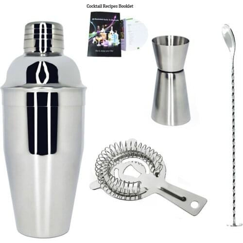 4 Pcs/Set 750ML Professional Stainless Steel Bar Tools Cocktail Shaker Bar Set with Cocktail Drink Recipes Booklet