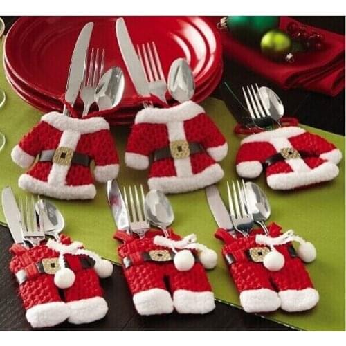 6pcs/Set Handmade Mini Clothes Pants Shaped Christmas Santa Claus Cultery Suit Silverware Holder Knives and Forks Pockets Gift