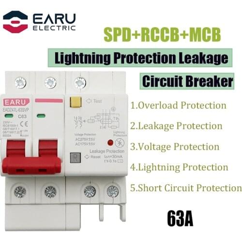 63A 2P SPD Residual Current Circuit Breaker With Overload Overvoltage RCBO RCCB With Lightning Protection MCB Leakage Protector