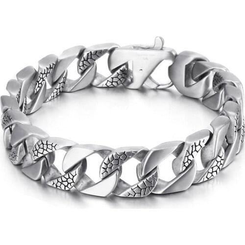 9" 15mm Mens Bracelet Silver Color 316L Stainless Steel Round Brushed Curb Cuban Link Chain Bracelets Male Jewelry Gift for Men