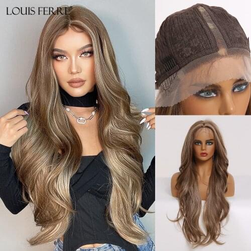 LOUIS FERRE Long Wavy Brown Lace Front Wigs With Gray Ash Highlights For Women Middle Part Cosplay Synthetic Wigs Heat Resistant