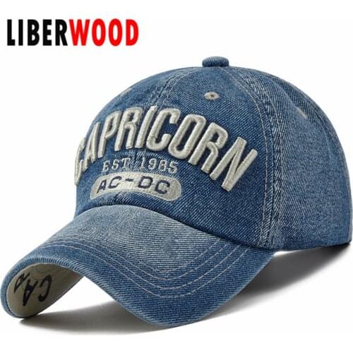 Denim Solid Blue Jeans Capricorn Zodiac Baseball Hat Cap Cowboy Dad Hat Curved Ball Cap USA Distressed Vintage