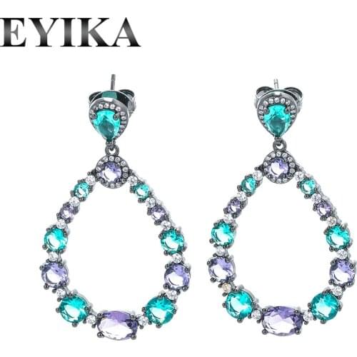 EYIKA Boho Green Purple Crystal Zircon Hollow Water Drop Big Dangle Earring Black/Gold/Silver Plated Women Dubai Wedding Jewelry