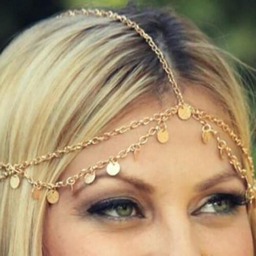 Headpiece Round Sequin Drop Layered Alloy Dance Head Chain Piece Headwear Women Hair Accessory Ladies Gold Hair Jewelry Headband
