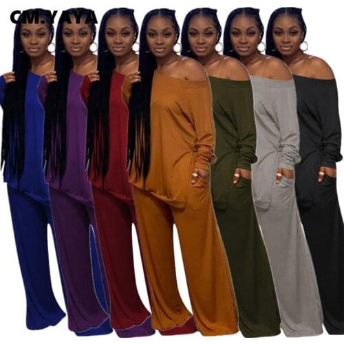 CM.YAYA Activewear Classic Womens Set Off Shoulder Sweatshirt Straight Pants Two Piece Set Sporty Tracksuit Fitness Outfit
