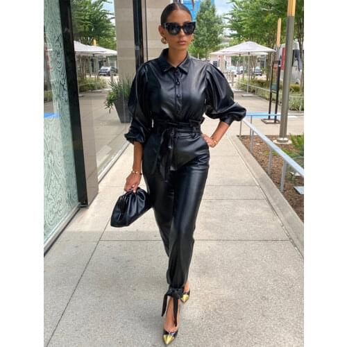 Cool Leather Pu Two Piece Set Women Autumn Winter Clothes Faux Leather Baggy Top and Long Pants Suit Casual Womens Sets Outfits