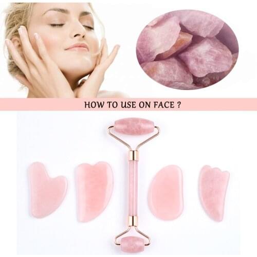 Natural Rose Quartz Jade Roller Gua Sha Set Facial Body Massager Roller Jade Stone Massage Set Face Lifting Beauty Massage Tool