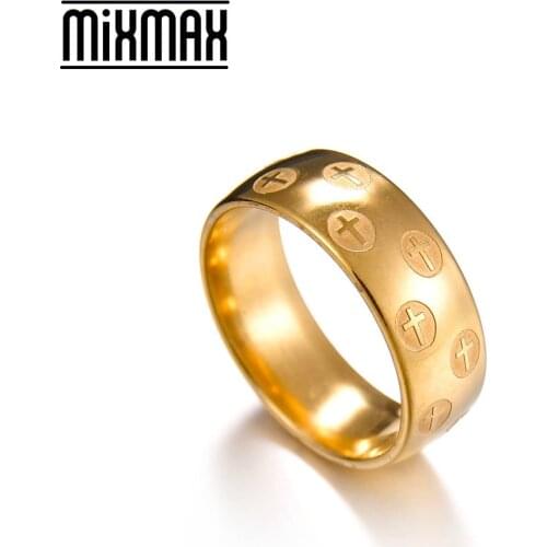 MixMax 20pcs Golden Plated Mens Top Cross ETCHED Christian Stainless Steel Rings Never Fade