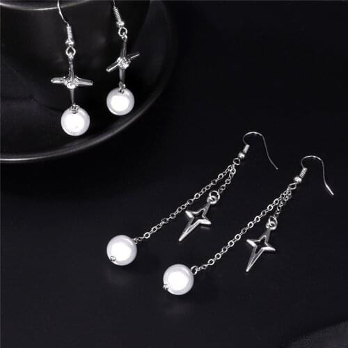 Fashion Reflective Pearl Star Tassel Pendant Earrings For Women Punk Cool Hip Hop Dangle Earrings Statement Party Jewelry New