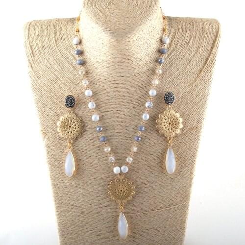 MOODPC Fashion Jewelry Set N-E Stone / Glass Rosary Chain Metal Flower Link Glass DropTassel Necklace Bracelet Earring set