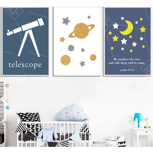 Cartoon Telescope Planet Moon Star Wall Art Canvas Painting Nordic Posters And Prints Nursery Wall Pictures For Kids Room Decor