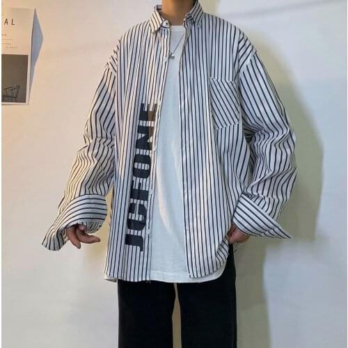 Striped Shirt Men Casual All-match Printed Letter Shirt Long Sleeve Lapel Classic Loose Tops Thin Coat Tide Fashion Male Clothes