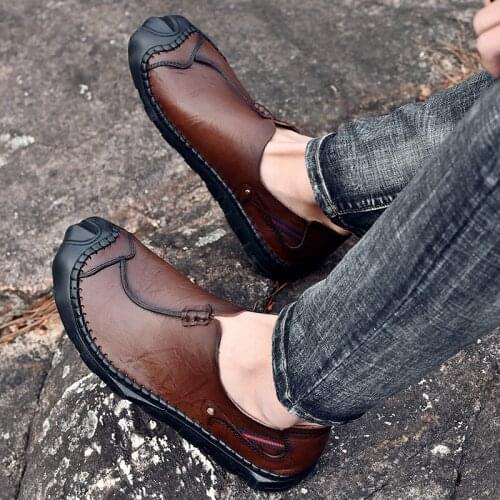 2021 New Handmade Leather Casual Mens Shoes Retro Breathable Mens Shoes Outdoor Comfortable Flat Shoes Large Zapatos Hombre