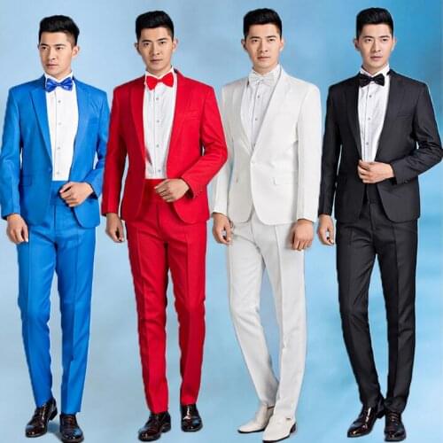 Spring mens groom wedding dress men suit set costume homme male suits terno masculino singer stage red white black blue grey
