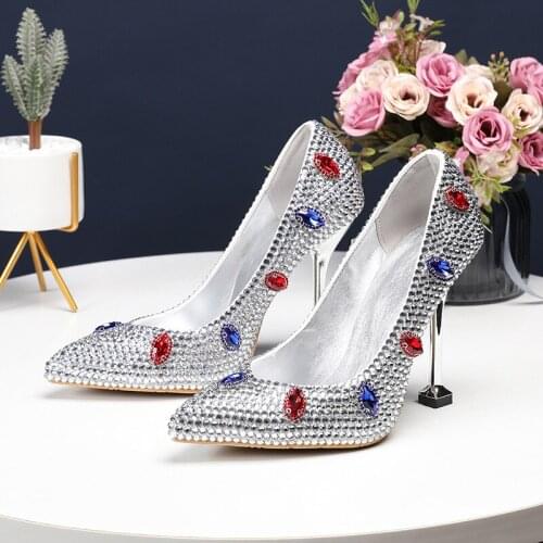 2021 spring new stiletto banquet dress womens singles shoes colorful diamond pointed toe large size sexy bridal wedding shoes