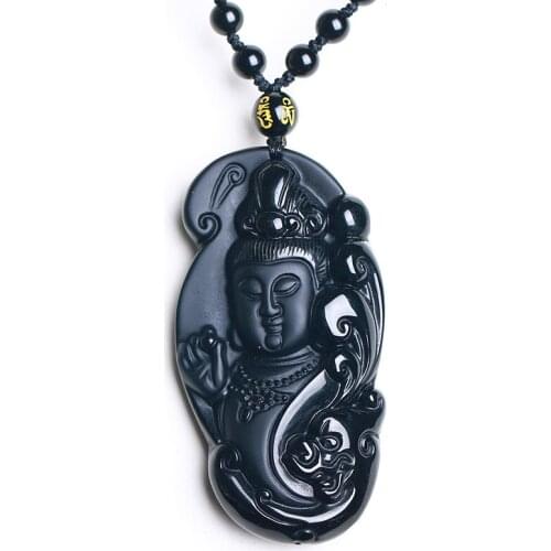 DropShip Natural Black Obsidian guanyin Buddha Carved Lucky Amulet polish pendant Necklace Avalokitesvara bodhisattva jewelry