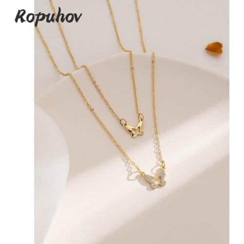 ROPUHOV 2021 New Korean ZA Trendy Niche Design Double Layer Micro Inlaid Butterfly Necklace Female Simple Clavicle Chain