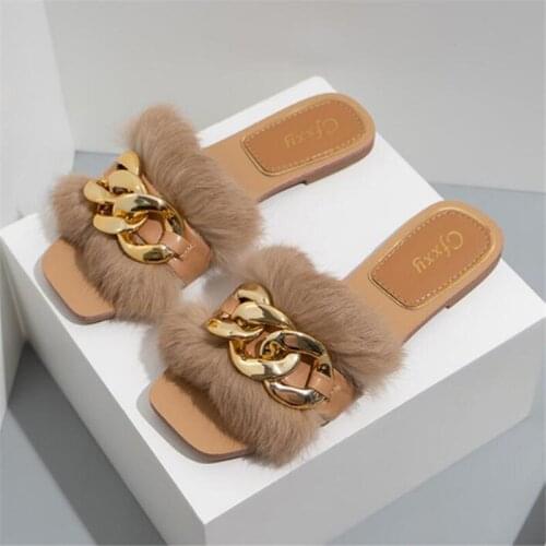 Furry Fur Slippers Fluffy Flip Flops Women Summer Faux Fox Sandals Designer Chain Plush Raccoon Fur Slides Beach Home Flat Shoes