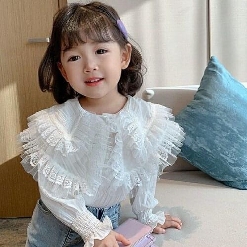 Spring Korean Girls Long-Sleeved Blouse Kid Baby Girl Bow Ball Lace Shirts Tops Children Autumn Sweet Loose Shirt Clothing