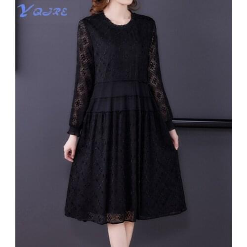 YQJRE New Fall Middle-aged Womens Mulberry Silk Round Neck Long Sleeve Fashion Dress
