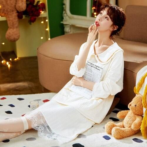 Autumn/Winter Womens Cotton Homedress Nightdress Long Sleeve Nightgowns One-piece Dress Sleepwear Loose Fashion Home Clothing