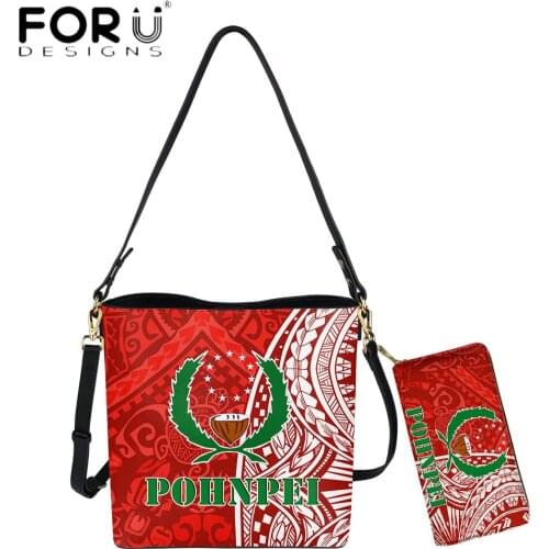 FORUDESIGNS Pohnpei Polynesian With Flower 3D Print Women Bucket Bag And Purse 2pcs Set Brand PU Leather Crossbody Sac A Main