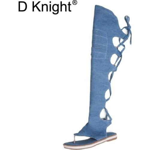 Women Sandals Casual Summer High Boot Shoes Woman Denim Flat Heel Sandalias Lace Up Platform Sandals For Women Blue Canva Shoes