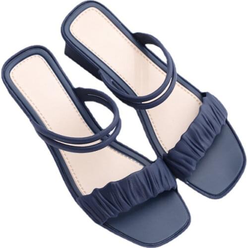 2021 Women Pleated Slippers Summer Female Elegant Square Heels Casual Slides Ladies Fashion Sexy Square Toe Shoes Woman Footwear