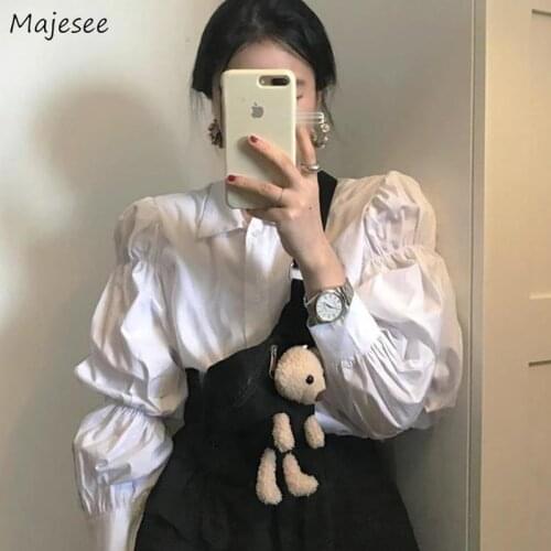 Shirts Women Solid Puff Sleeve Single Breasted French Style Retro Vintage Princess Loose Leisure New Arrival Tops Sweet Girls