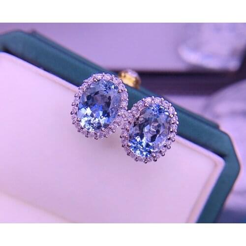E021 Fine Jewelry Pure 18K White Gold Natural Aquamarine Gemstone 4.2ct Diamonds Females Earrings for Women FIne Earrings