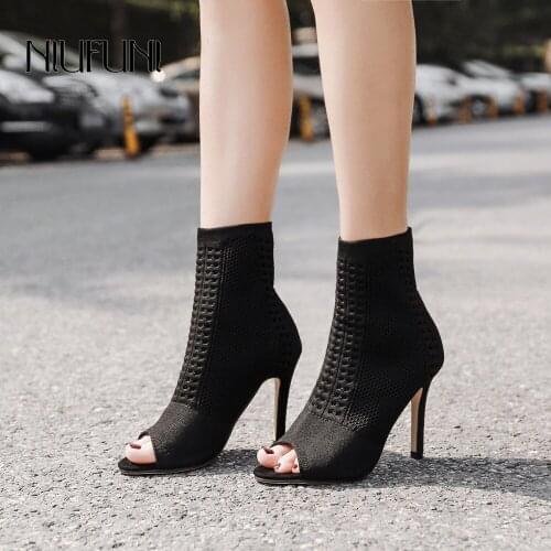 Ankle Boots for Women Knitting Peep Toe High Heels Female Shoes Women Breathable Short Boot Casual Ladies Footwear Sock Boots