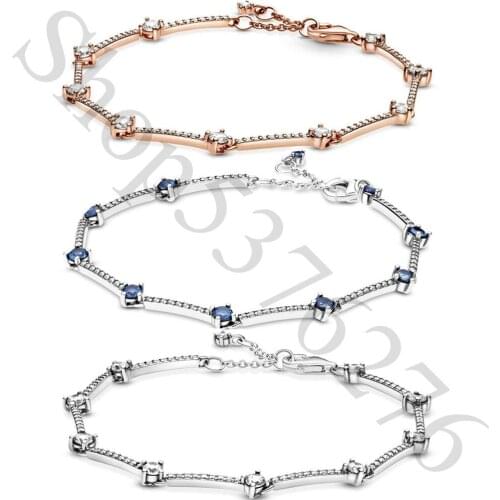 Authentic 925 Sterling Silver Sparkling Pavé Bars Fashion Bracelet Fit Pandora Women Bead Charm Bangle Gift DIY Jewelry